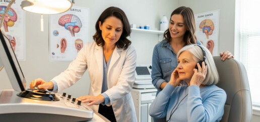 Audiologist caring out hearing exam on elderly woman with daughter