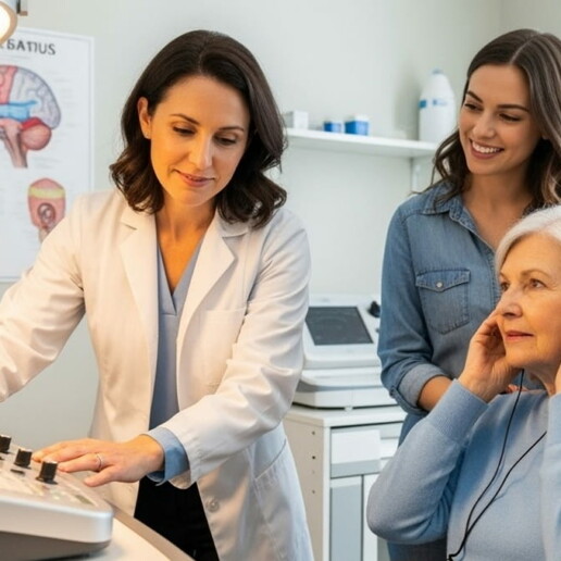 Audiologist caring out hearing exam on elderly woman with daughter