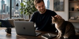 man working from home with cat