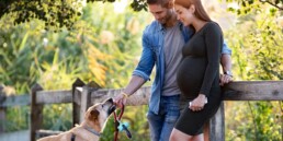 pregnant couple with dog on walk